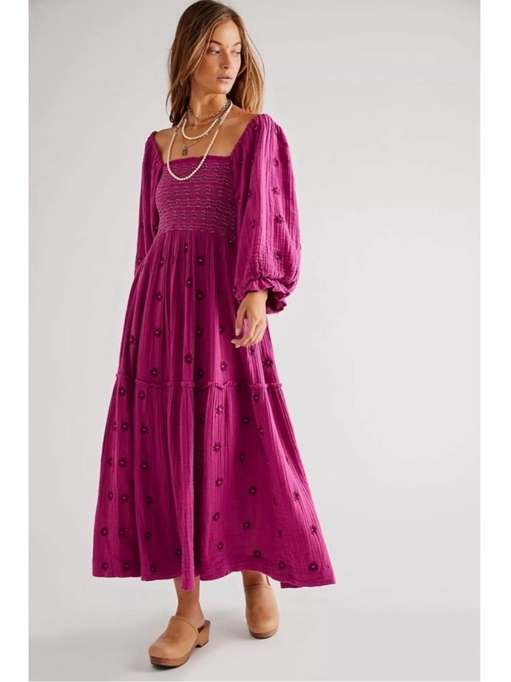 Free People Dahlia Floral Embroidered Tiered Maxi Dress in Raspberry Purple